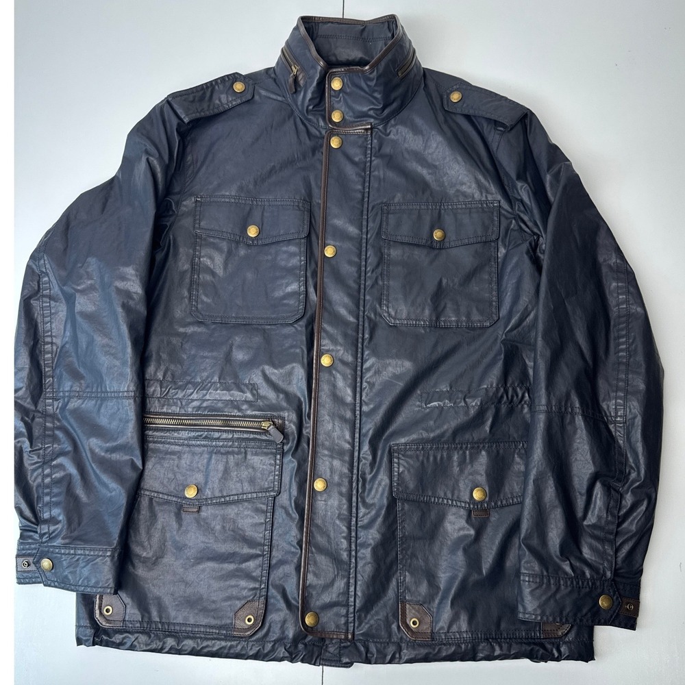 Coach Mens Wyatt Jacket Field Cargo Navy Blue Coated Cotton Quilted Large L - Picture 2 of 16
